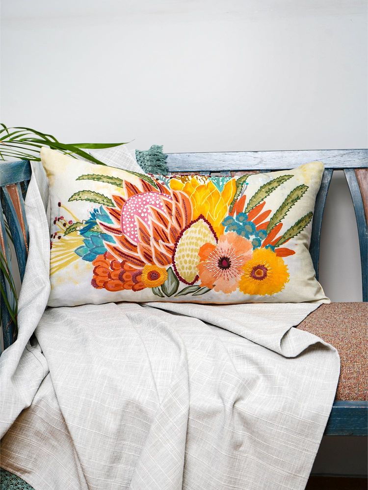 Zeba World Multicolor Floral Embroidered And Printed Linen Cushion Cover-image-7