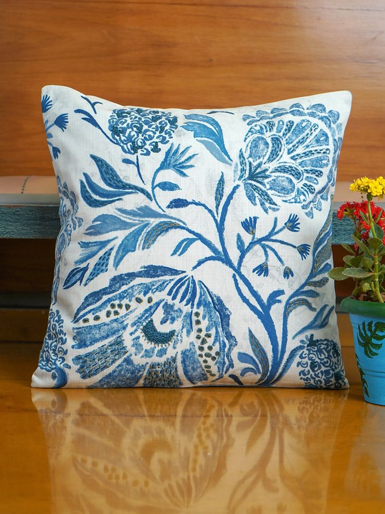 Zeba World Blue & White Hand Embroidered And Printed Polycotton Cushion Cover-image-19
