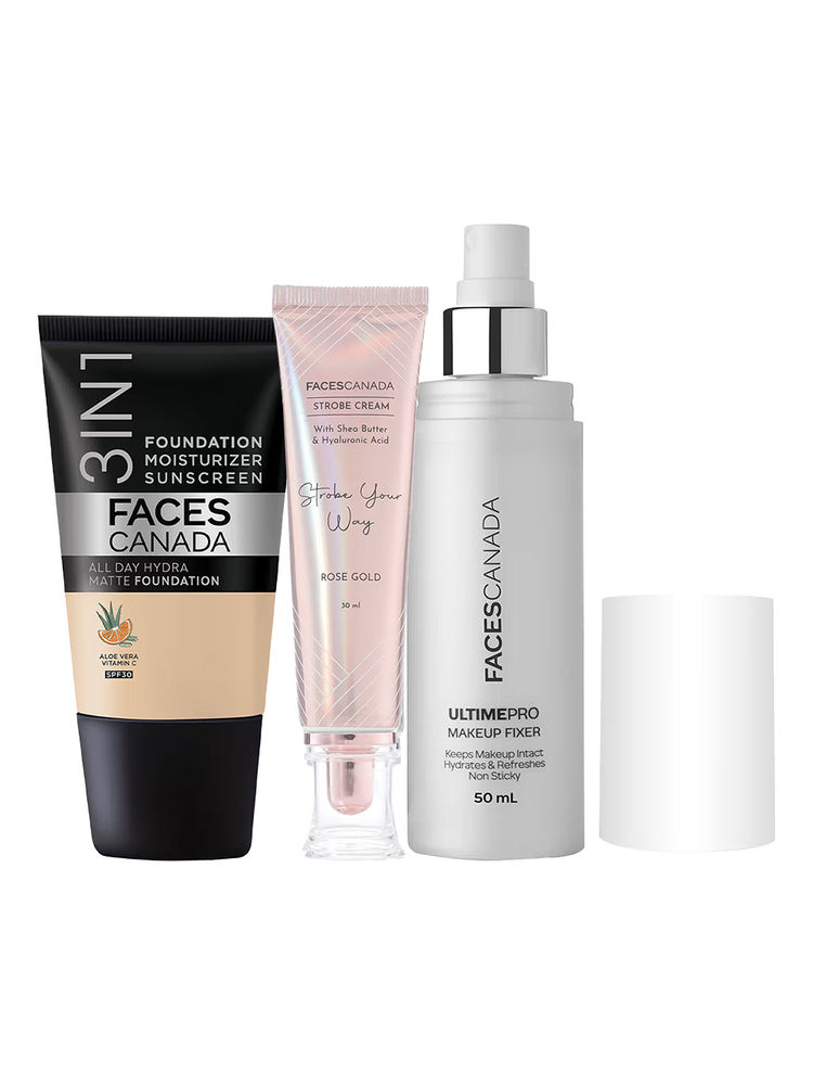 Faces Canada GlowLock Trio Hydra Mini Foundation Absolute Ivory + Makeup Fixer + Strobe Rose Gold