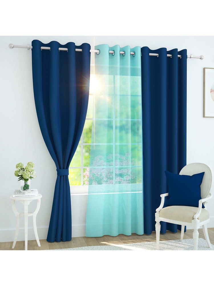 Story@Home (7 Ft) Door Polyester, Silk Blackout Solid Curtains (Pack Of 3) (Navy Blue & Sky Blue)-image-2