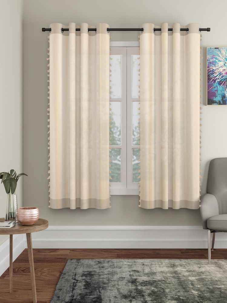 HOSTA HOMES 4 X 5 Feet Beige Window Size Pom-Pom Curtain (Pack Of 2)-image-18