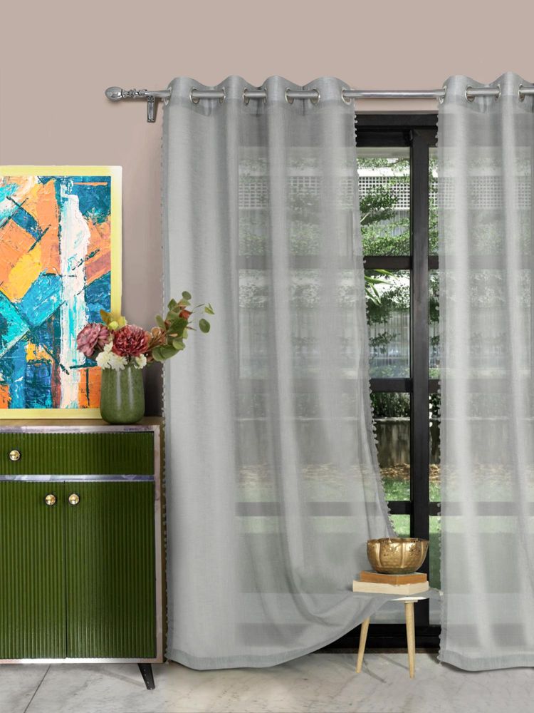 HOSTA HOMES 4 X 7 Feet Grey Door Size Pom-Pom Curtain (Pack Of 1)-picture-50