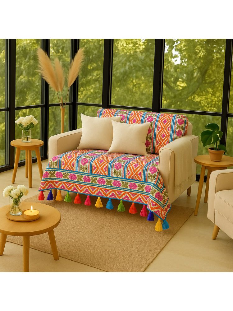 THROW PILLOW Sunburst Printed With Multicolour Tassel Sofa Cover-image-47