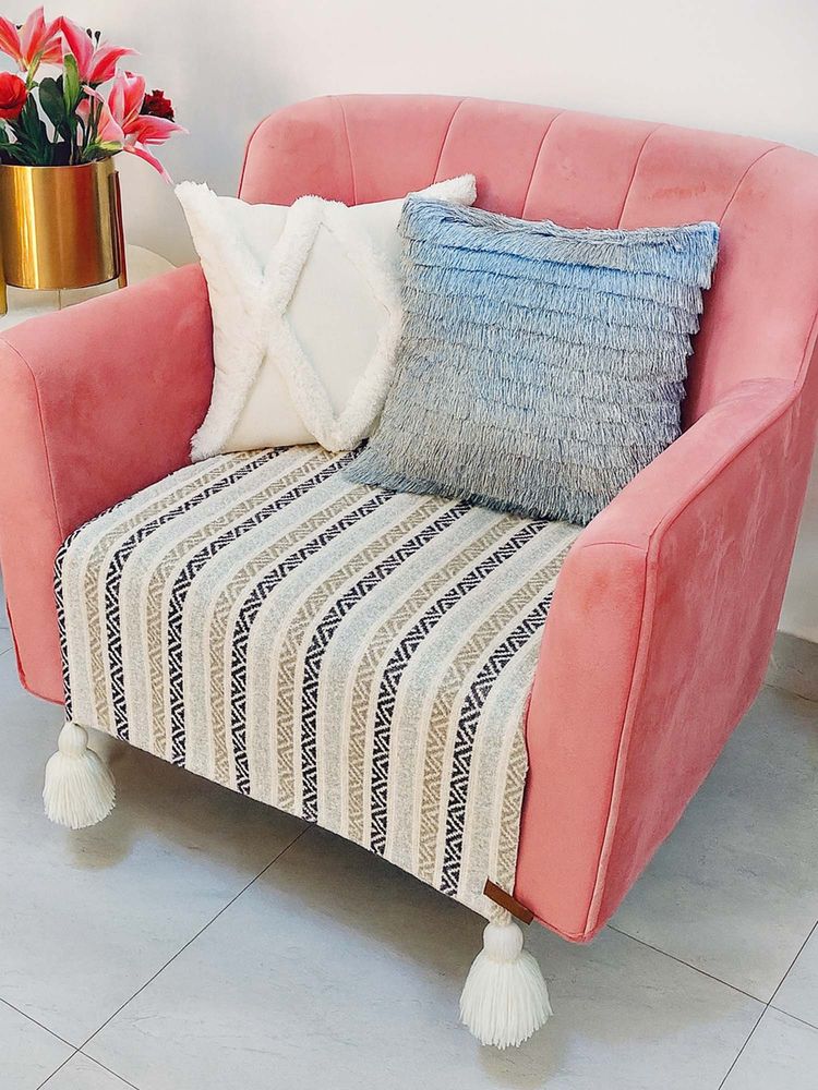 THROW PILLOW Neutral Herringbone With White Corner Tassel Sofa Cover-picture-33