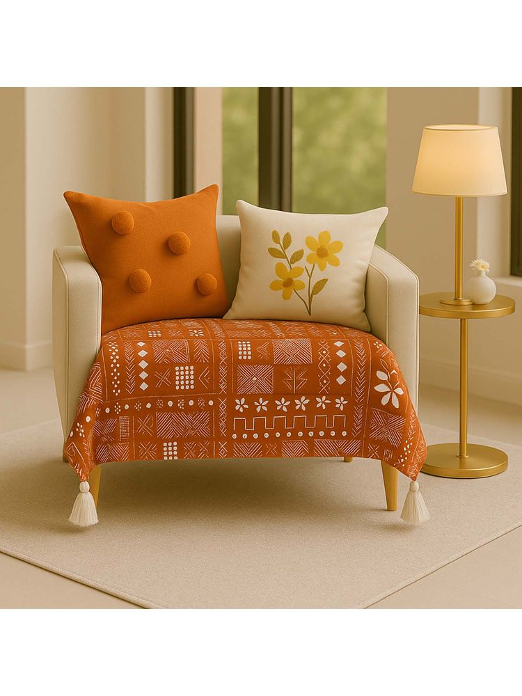 THROW PILLOW Orange Terrecotta With White Corner Tassels Sofa Cover-image-37