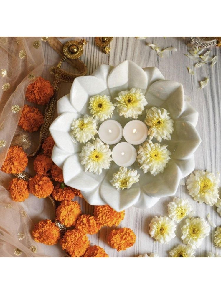 Ritualistic White Lotus Flower Marble Urli-picture-25