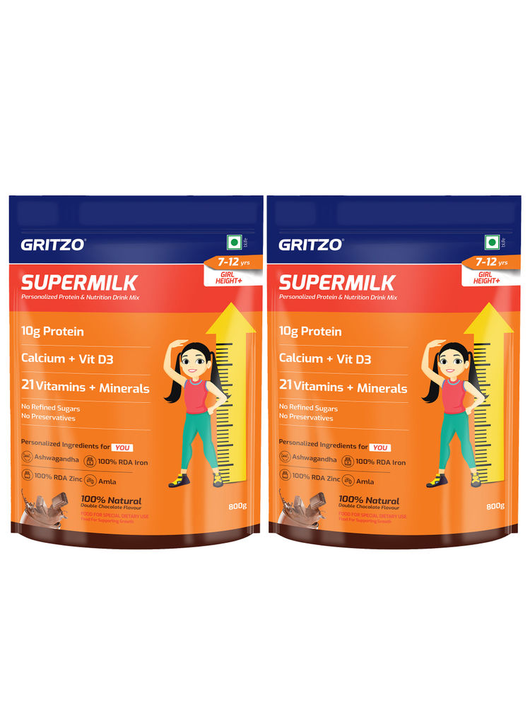 Gritzo Supermilk Height+ (7-12Y Girls) Protein Powder Pack Of 2 - Double Chocolate-picture-5