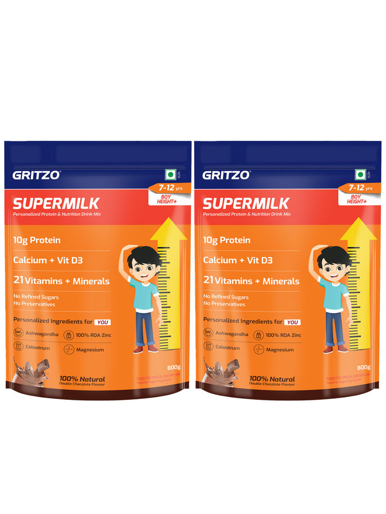 Gritzo Supermilk Height+ (7-12Y Boys) Protein Powder Pack Of 2 - Double Chocolate-image-38
