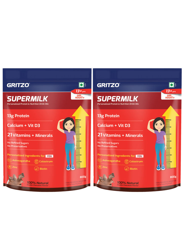 Gritzo Supermilk Height+ (13+Y Girls) Protein Powder Pack Of 2 - Double Chocolate-image-39