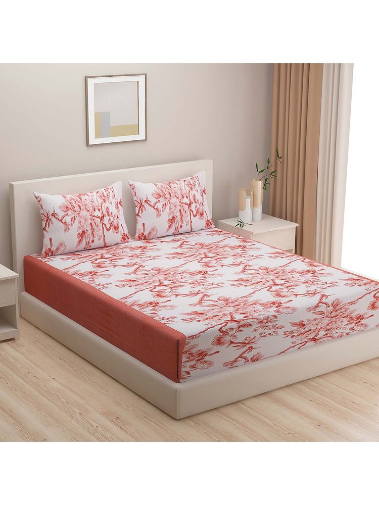 Swayam Floral 250 Tc Cotton King Fitted King Fitted Bedsheet With 2 Pillow Covers-Orange-image-5