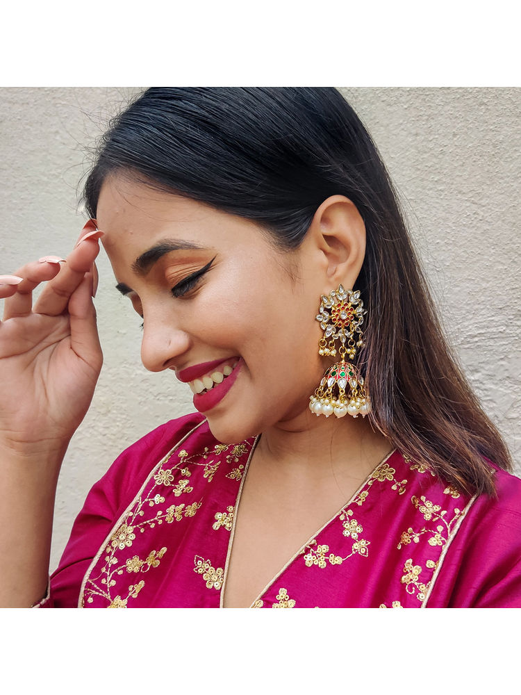 Fida Wedding Ethnic Gold Kundan Stone Red and Green Enamel Jhumka Earring-picture-27