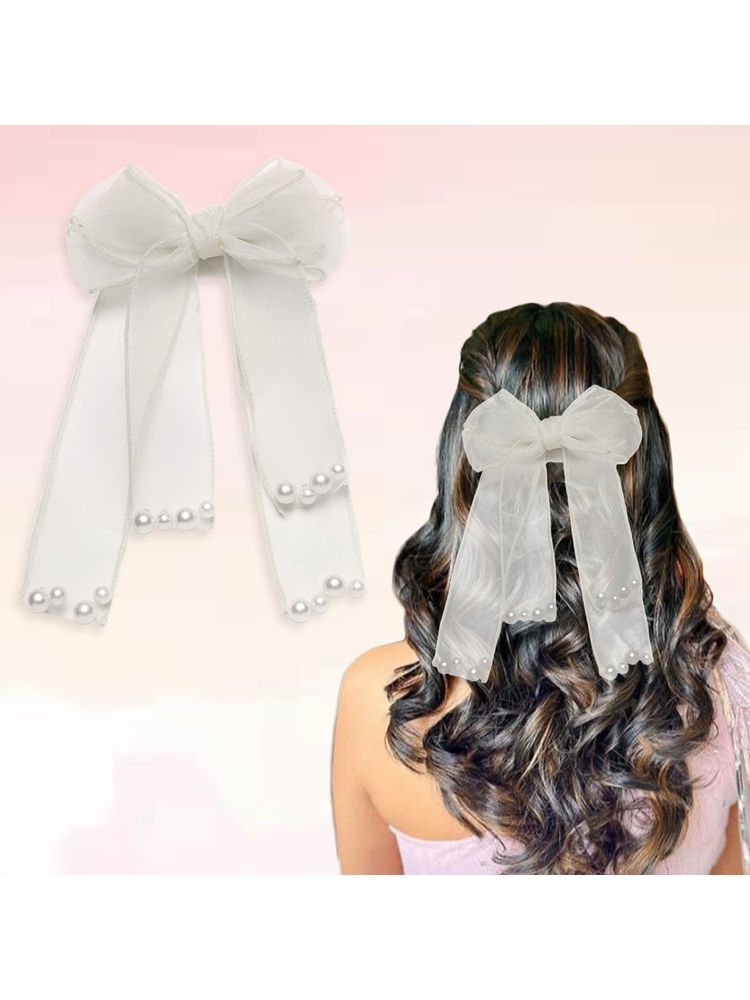 Majestique Pearl Ribbon Layered Hair Bow Clip French Style Princess Hair Accessories - 1Pc-picture-39