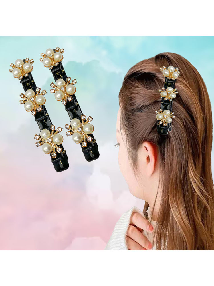 Majestique Stylish Pearl Double Braided Hairpin Clips, Hair Accessories - 2 Pcs