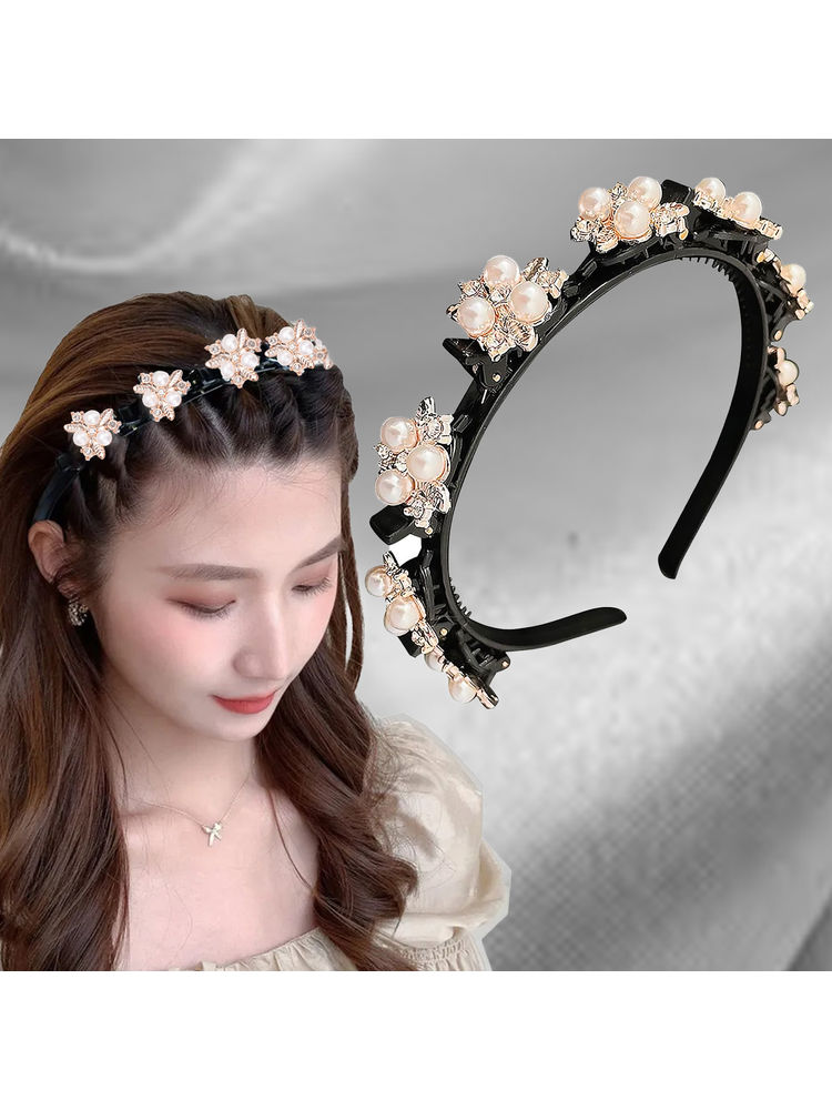 Majestique Stylish Braided Double Layer Acrylic Headband With Elegant Flower Hair Accessory - 1 Pc-picture-15