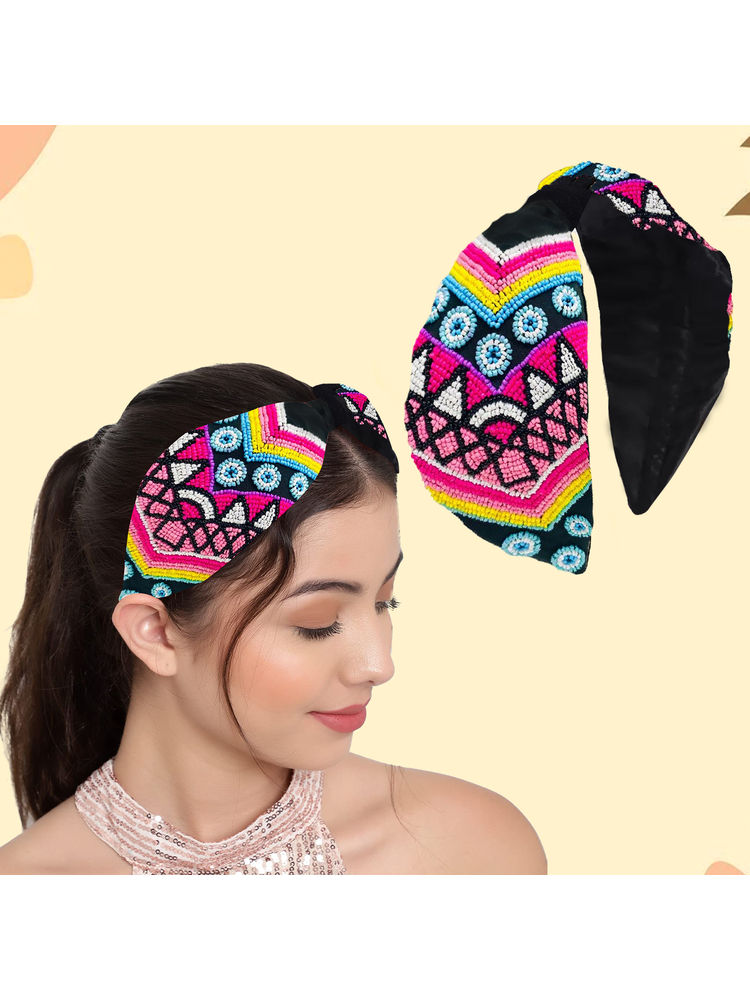 Majestique Floral Bead Embroidered Embellished Fabric Hair Band Accessories - 1Pc-picture-37