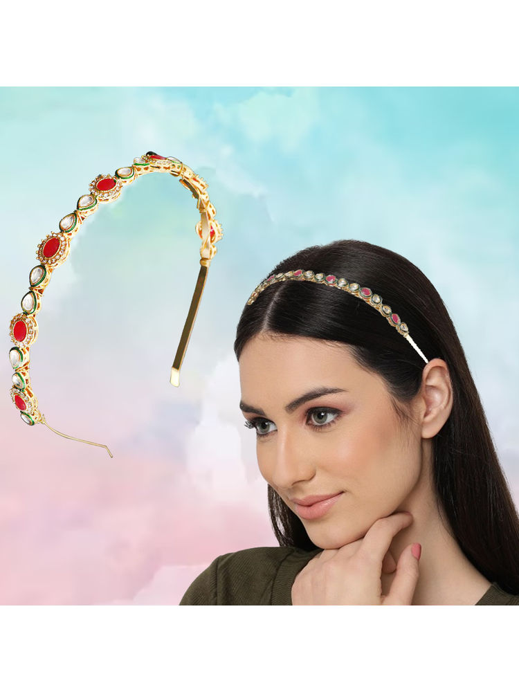 Majestique Golden Kundan Mathapatti Metal Hairband Leaf Design Partywear Hair Accessories - 1Pc-picture-46