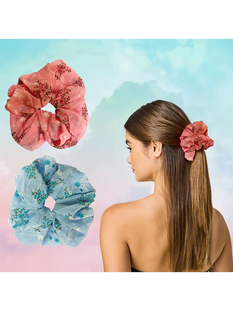 Majestique Georgette Fabric Hair Ties Scrunchies Elastics Leaf Flower Print Rubber Bands - 2 Pcs-image-41