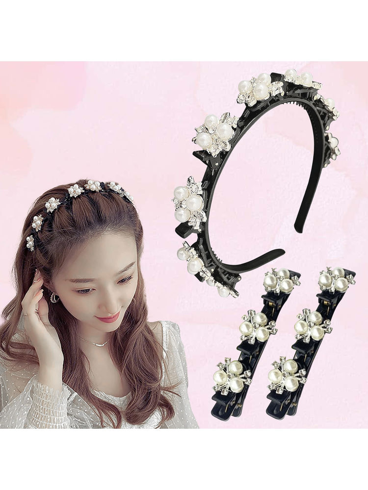 Majestique Double Layer Twist Plait Headband With Pearl Flower Alligator Clips-3 Pcs-picture-18