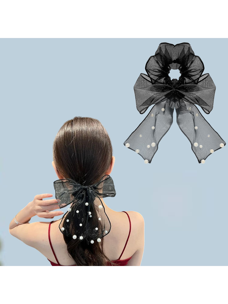 Majestique Pearl Bow Scrunchies Net Ponytail Holder, Stretchable Rubber Band Hair Accessories -1 Pc-image-5