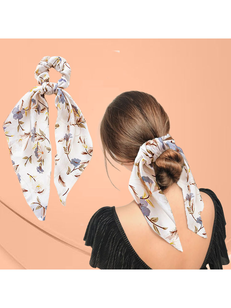 Majestique Hair Scarf Scrunchies Printed Satin Silk Elastic Bow Scrunchies - 1 Pc-image-30