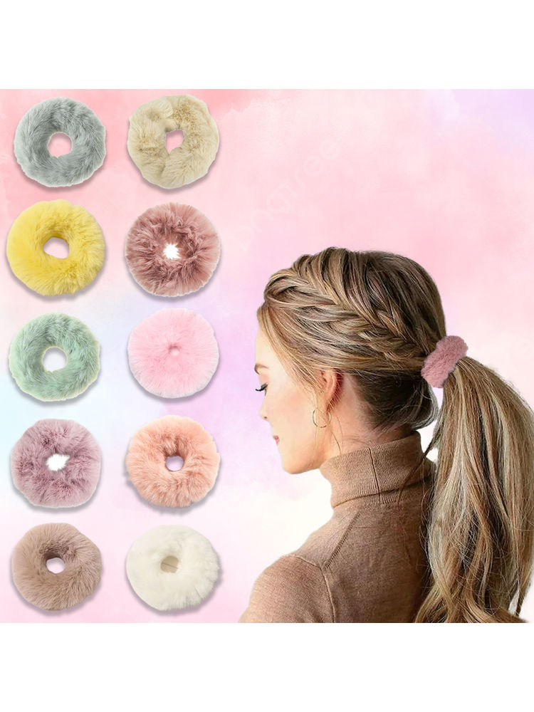 Majestique Fancy Spongy Fur Hair Rubber Band Elastic Ponytail Holder Hair Band - 10Pcs (Multicolor)-image-42