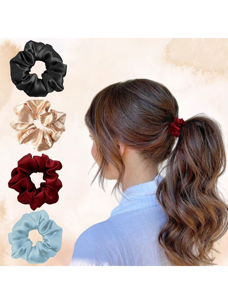 Majestique Satin Silk Scrunchies Ponytail Holder Hair Accessories Hair Ties - 4 Pcs (Multicolor)-image-5