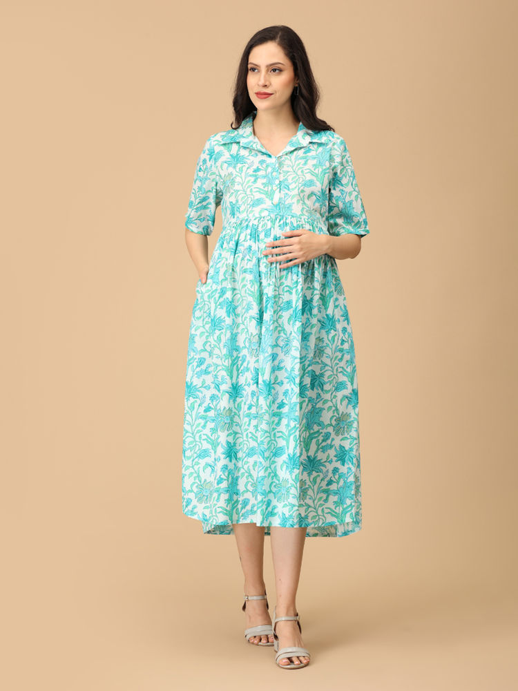 The Mom Store Blue Cotton Pigment Pop Maternity Dress-picture-23