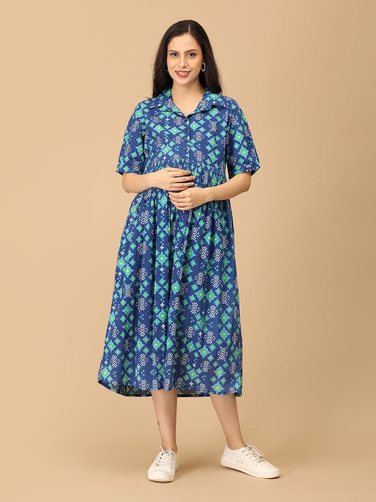 The Mom Store Blue Cotton Riot Of Hues Maternity Dress-picture-22