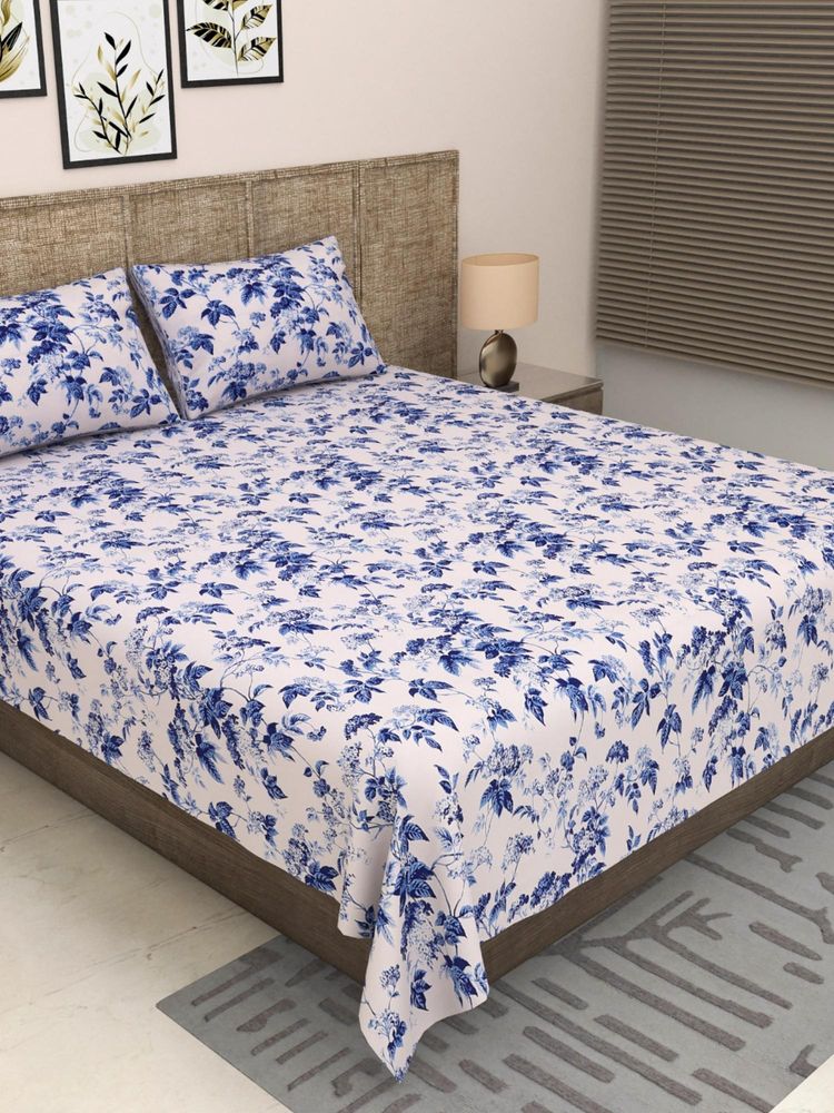 JAIPUR FABRIC 300 Tc Pure Cotton Blue Floral Bedsheet with 2 Pillow Cover (King)-image-44