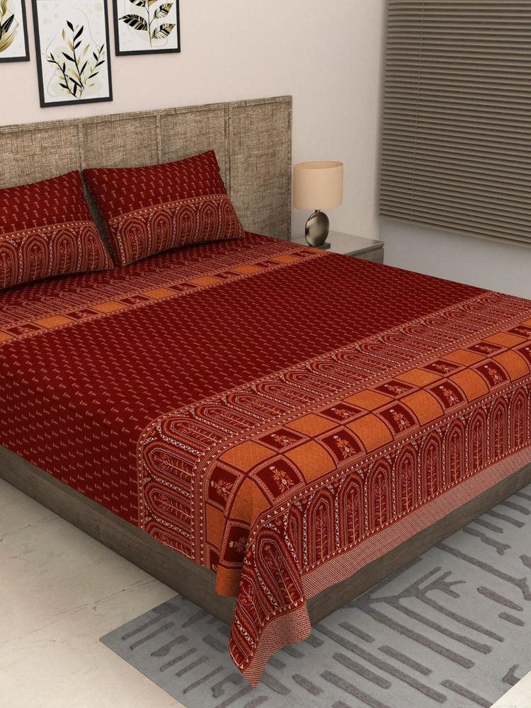 JAIPUR FABRIC 300 Tc Pure Cotton Maroon Floral Bedsheet with 2 Pillow Cover (King)-image-3