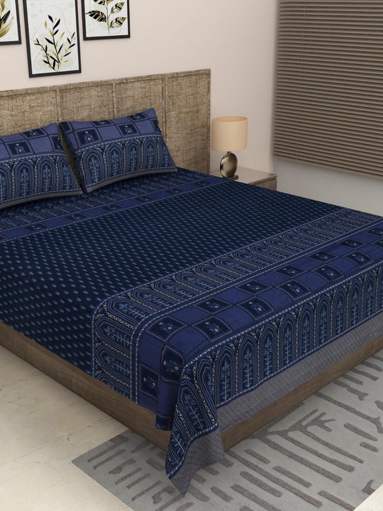 JAIPUR FABRIC 300 Tc Pure Cotton Navy Blue Floral Bedsheet with 2 Pillow Cover (King)-image-26