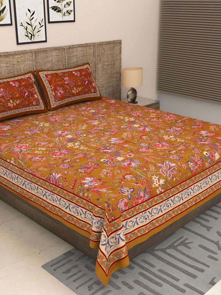 JAIPUR FABRIC 300 Tc Pure Cotton Brown Floral Bedsheet with 2 Pillow Cover (King)-image-21