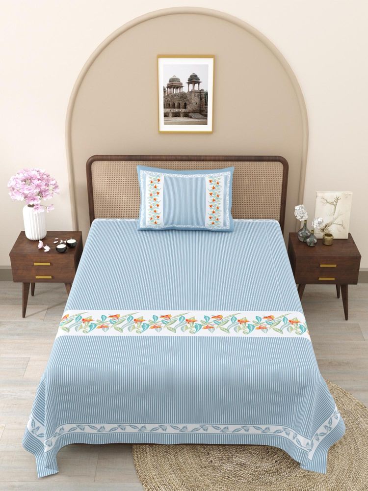JAIPUR FABRIC Blue Floral Pure Cotton Bedsheet with 1 Pillow Cover (Single)-picture-40