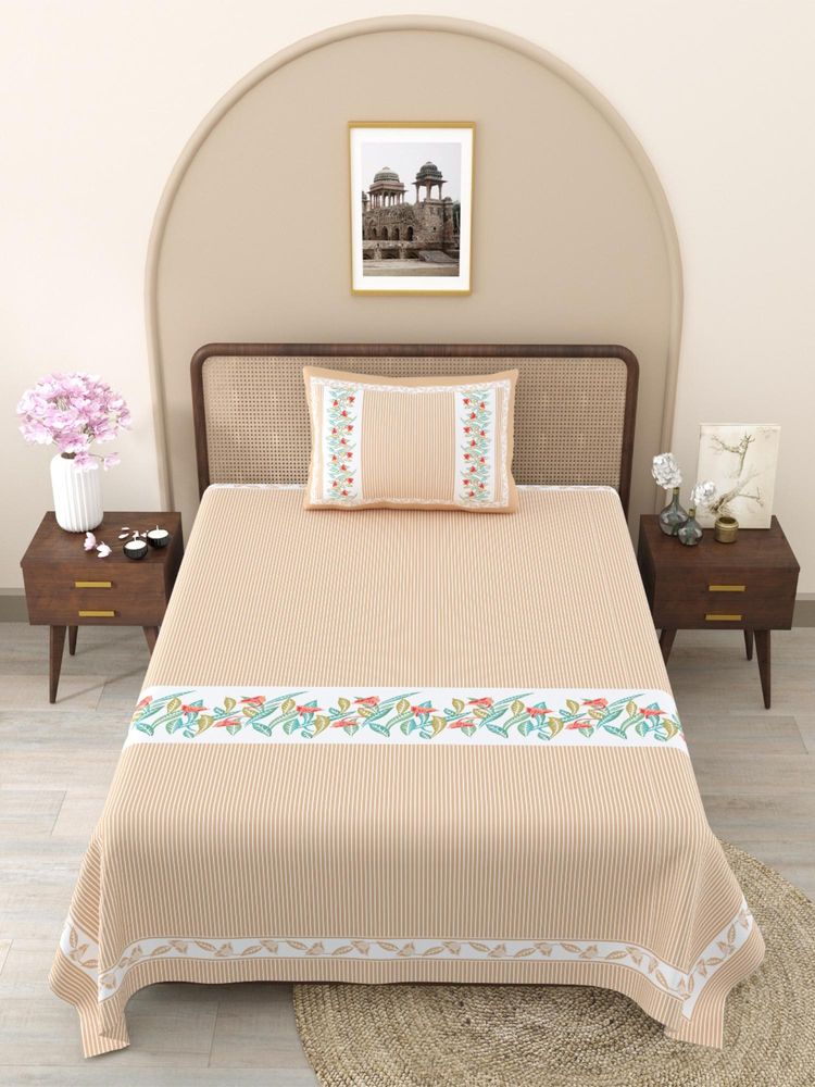 JAIPUR FABRIC Peach Floral Pure Cotton Bedsheet with 1 Pillow Cover (Single)-image-25