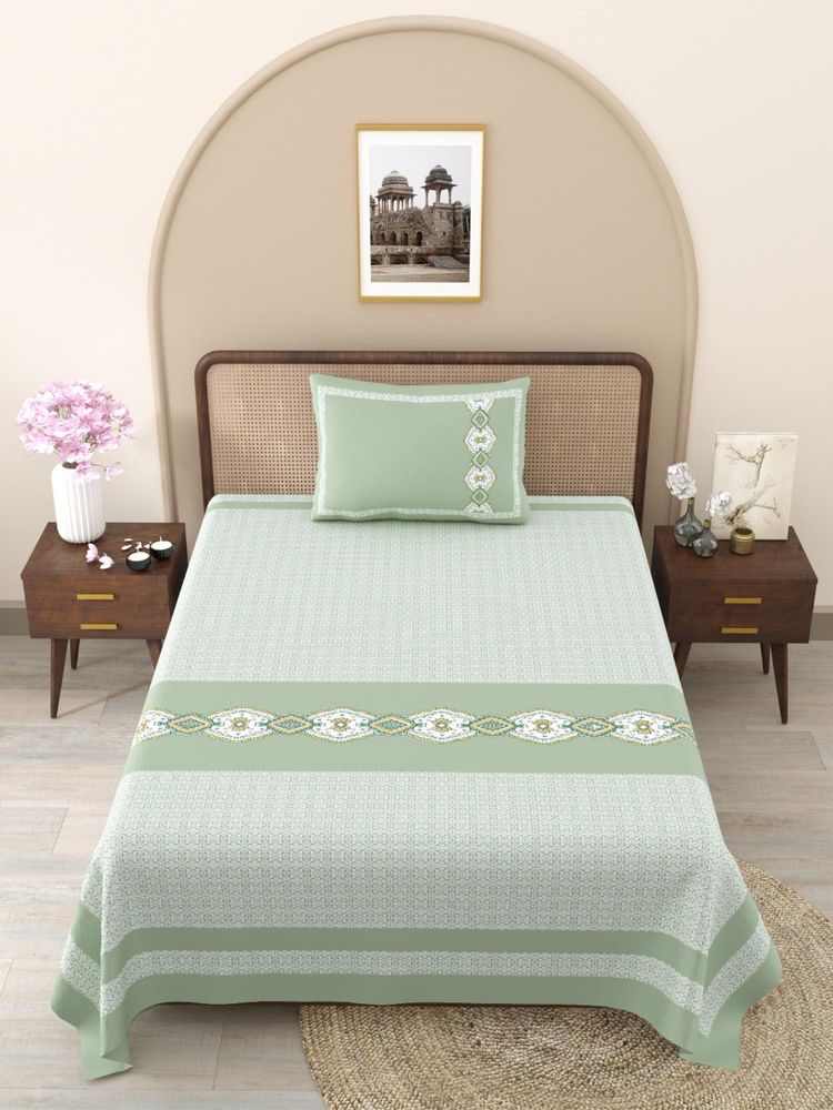 JAIPUR FABRIC Green Ethnic Motifs Pure Cotton Bedsheet with 1 Pillow Cover (Single)-picture-29