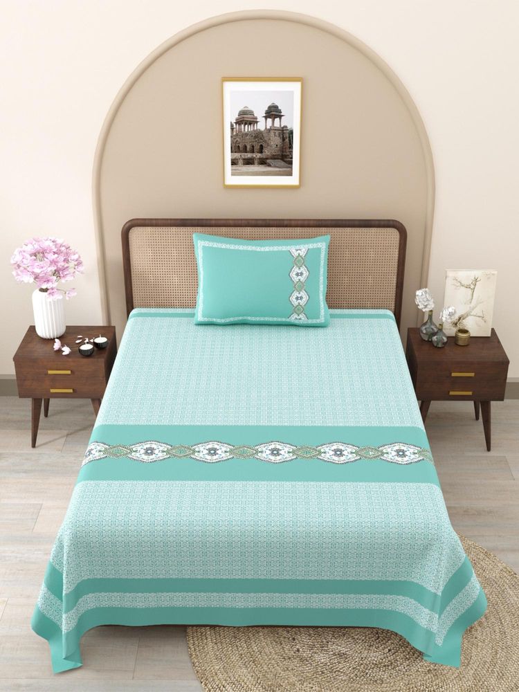 JAIPUR FABRIC Turquoise Ethnic Motifs Pure Cotton Bedsheet with 1 Pillow Cover (Single)-image-47
