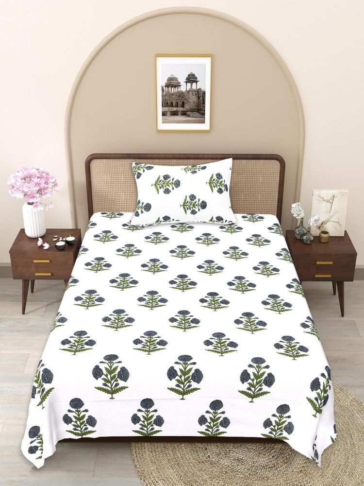 JAIPUR FABRIC Blue-White Floral Pure Cotton Bedsheet with 1 Pillow Cover (Single)-picture-12