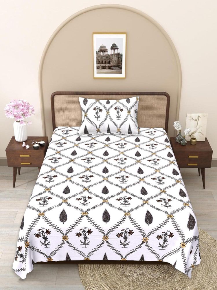 JAIPUR FABRIC Grey-White Floral Handblocked Pure Cotton Bedsheet with 1 Pillow Cover (Single)-picture-24