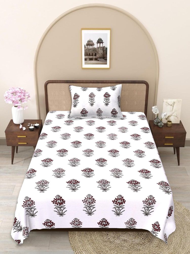 JAIPUR FABRIC White-Red Handblocked Pure Cotton Bedsheet with 1 Pillow Cover (Single)-picture-10