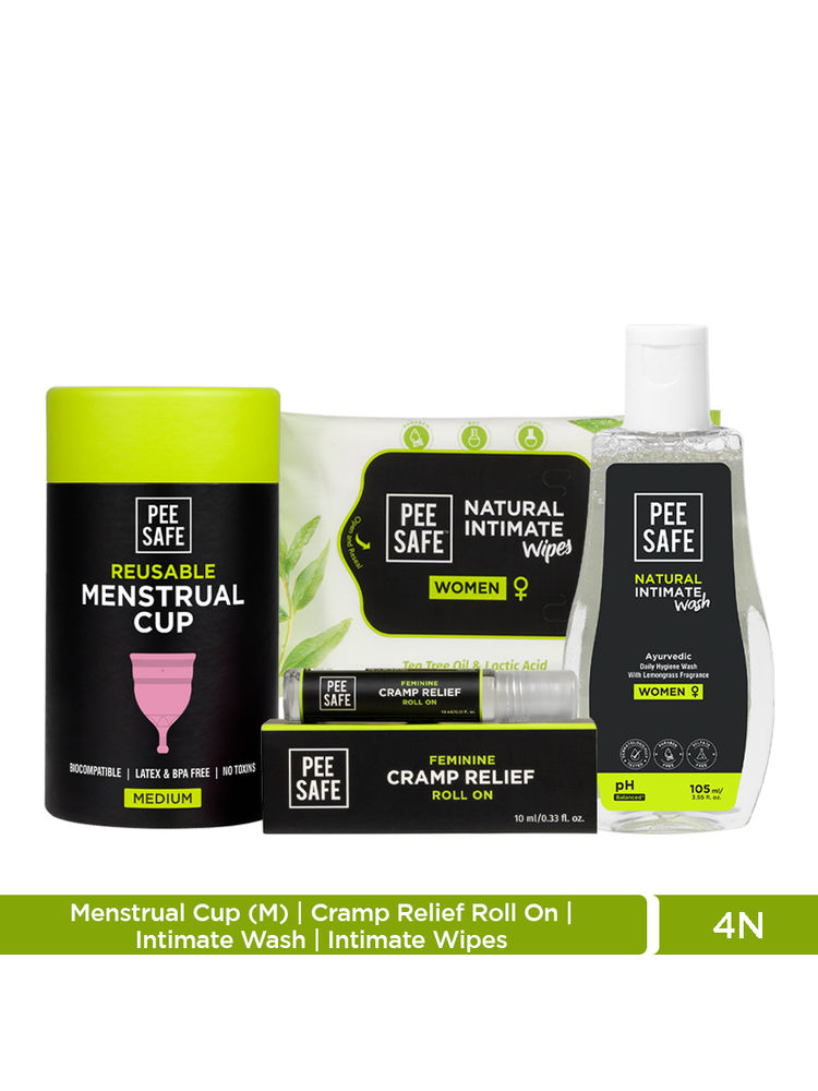 Pee Safe Intimate Wash with Reusable Menstrual Cup & Feminine Cramp Relief Roll On & Intimate Wipes