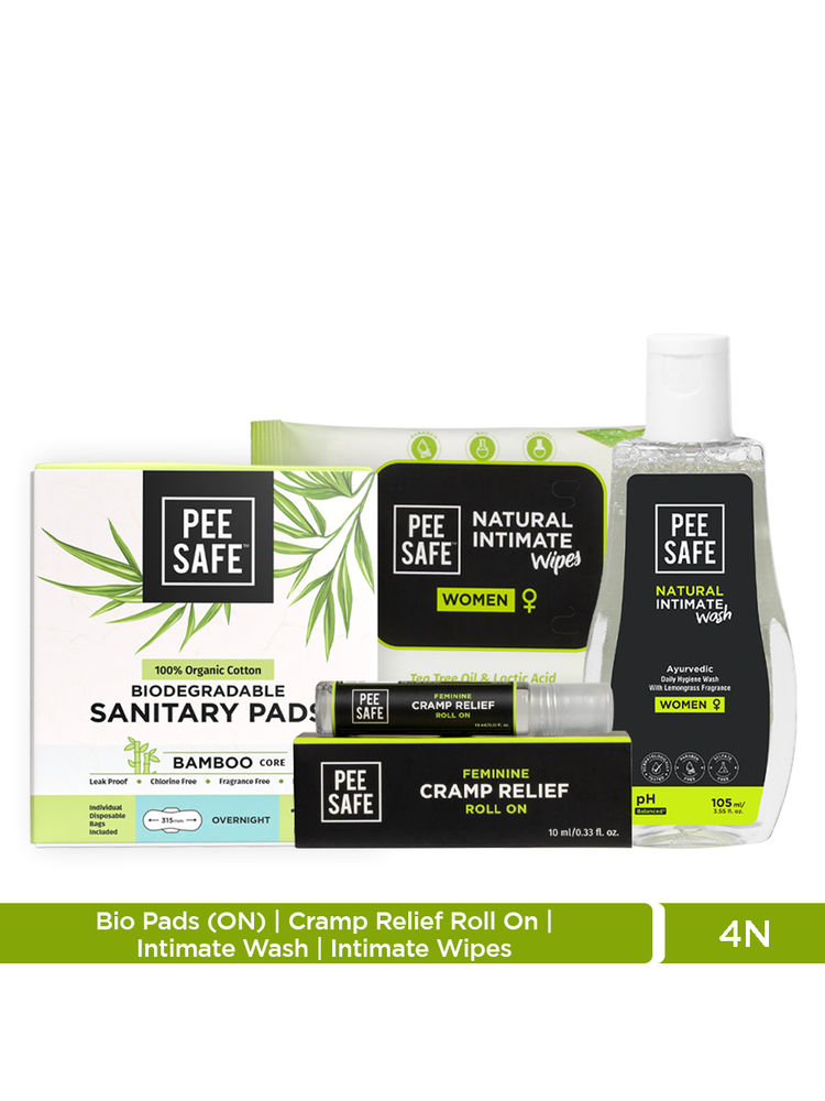 Pee Safe Intimate Wash with Sanitary Pads Overnight & Feminine Cramp Relief Roll On & Intimate Wipes