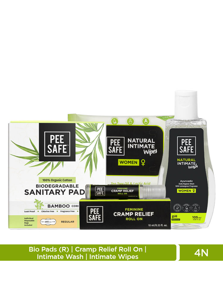 Pee Safe Intimate Wash with Sanitary Pads Regular & Feminine Cramp Relief Roll On & Intimate Wipes