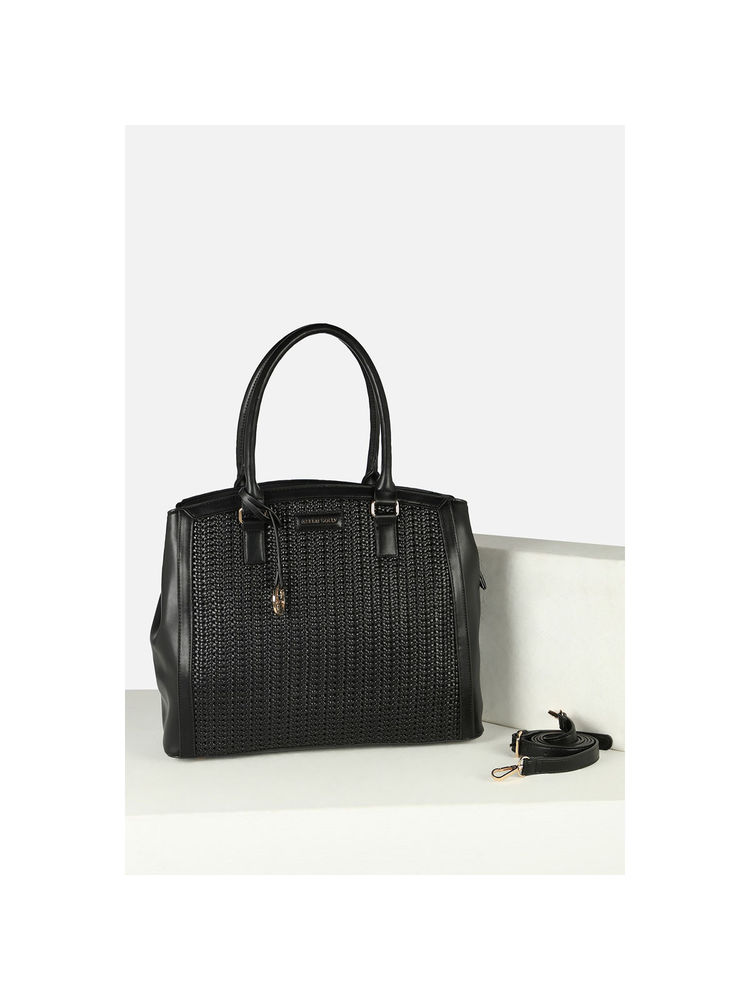 Allen Solly Women Formal Textured Black Handbag with Detachable Strap-image-45