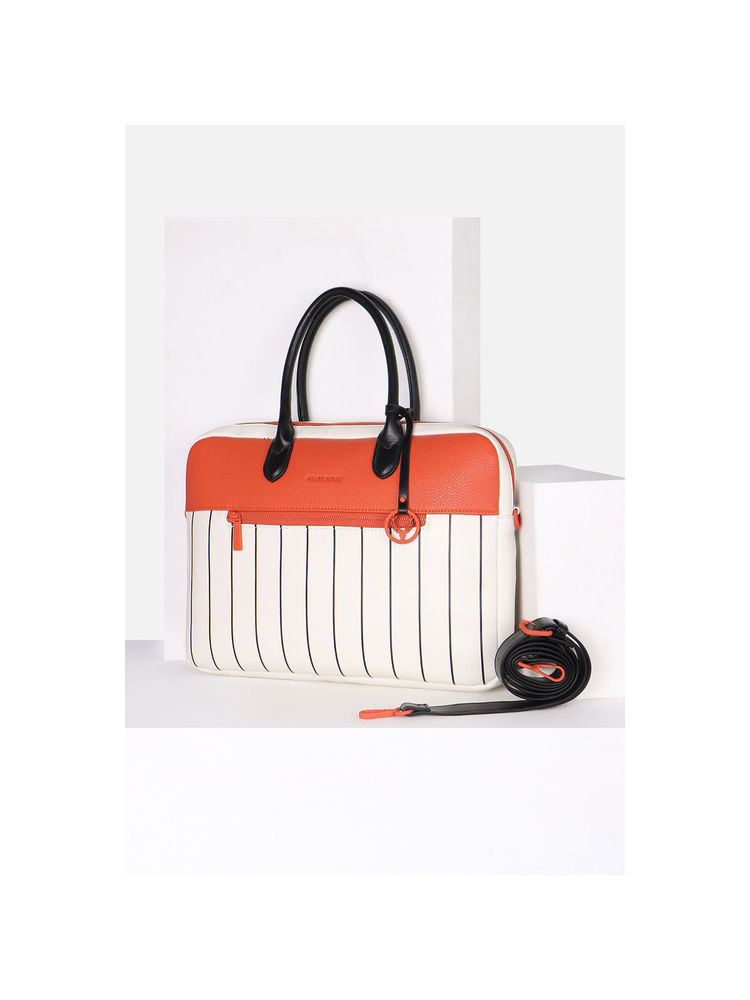 Allen Solly Women Casual Stripes White Laptop Bag with Detachable Strap