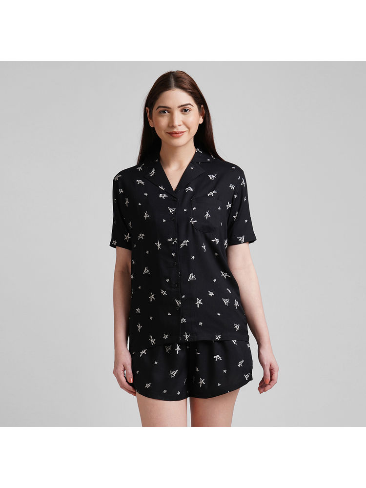 Drape In Vogue Black Star Print Shorts Set Nightsuit-image-7