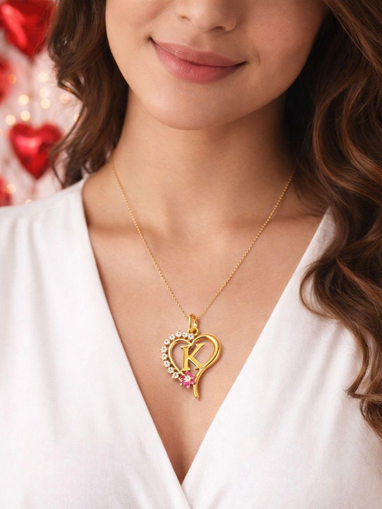 Digital Dress Room Women K Letter Heart Initial Pink-White Stone Gold Short Necklace-image-34