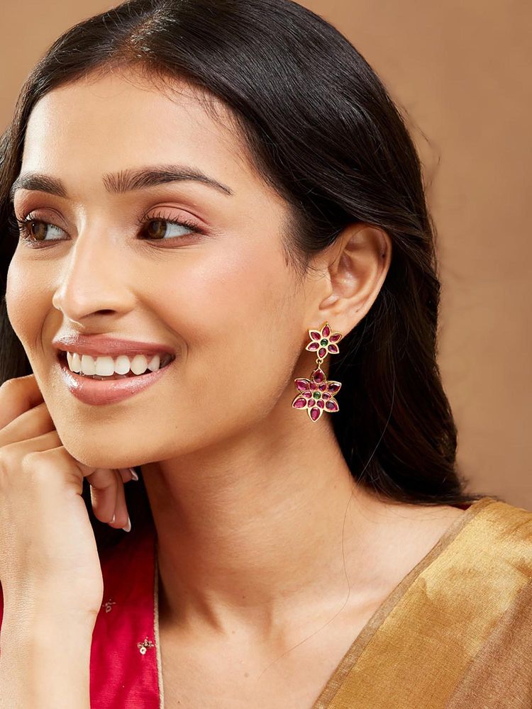 fabindia fashion Fabindia Women Pink-Green Floral Metal Dangler Earrings-picture-26