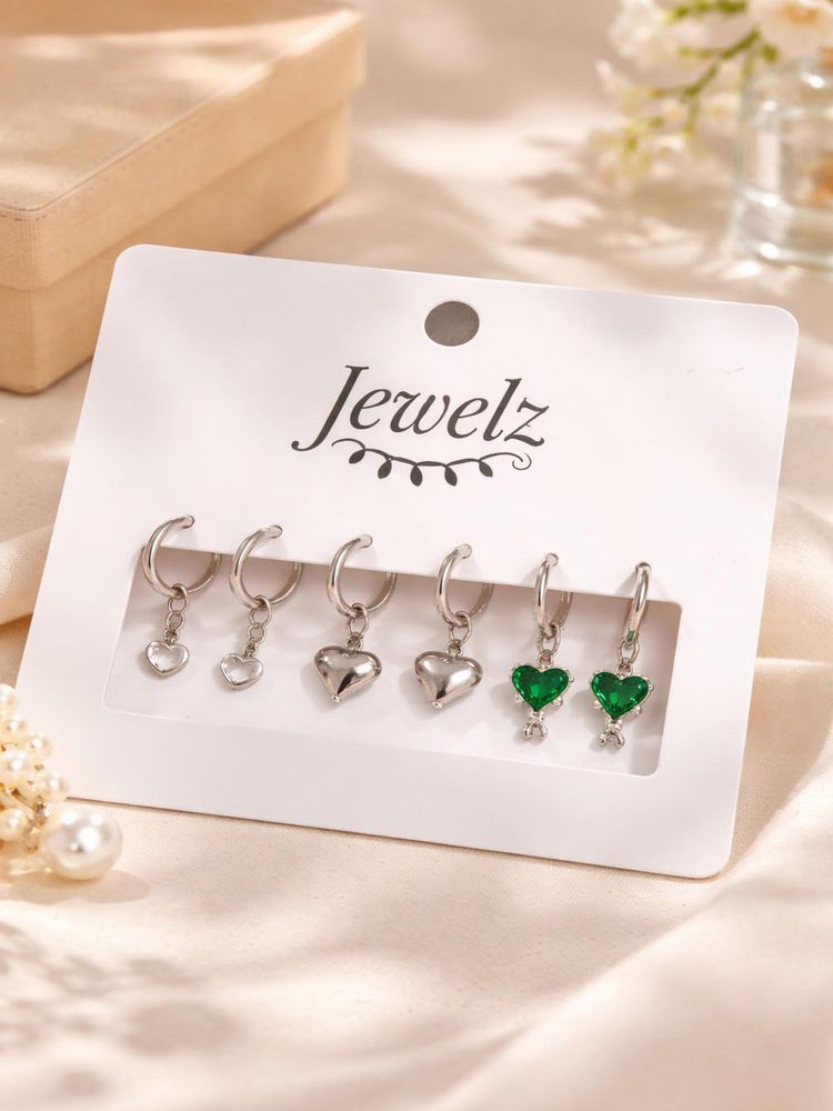 Jewelz Women Silver-Tone Heart Charm Drop Earrings (Pack of 3)-picture-21