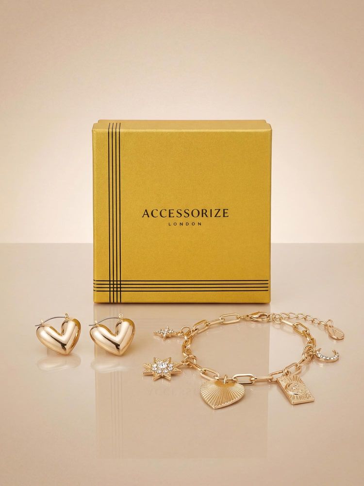 Accessorize London Women Gold-Tone Charm Link Bracelet with Heart Hoop Earrings-image-40