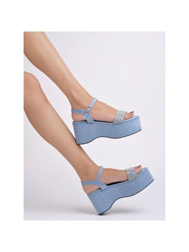 Shoetopia Embellished Denim Blue Wedge Heels for Women-image-18